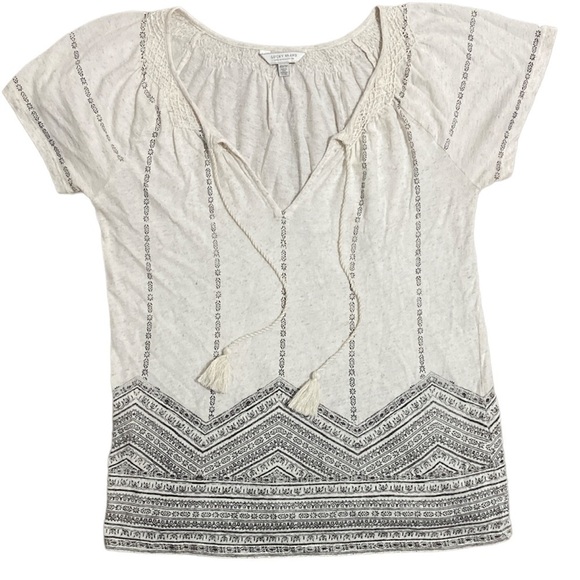 XS Beige & Black Boho Tassle String Lucky Brand Top - Picture 3 of 7
